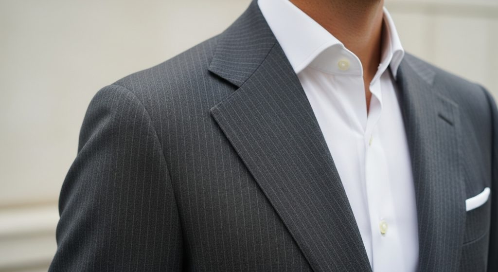 Close-up of a tailored men’s suit showing perfect shoulder fit, crisp shirt collar, and clean sleeve length.