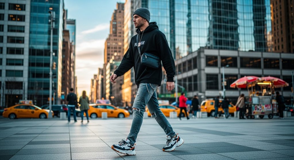 Urban Fashion: How to Style Sneakers Like a Pro | Street Style Tips 8 Man walking in city square wearing chunky sneakers with casual streetwear outfit.