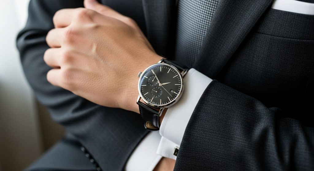 Black leather strap dress watch on a wrist with tailored suit, elegant close-up.