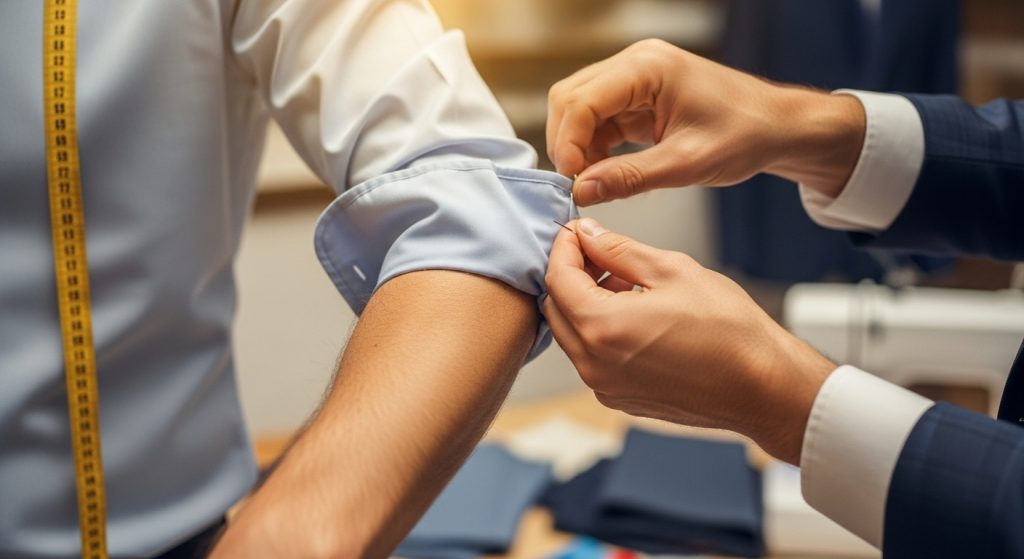 Tailor adjusting a man’s shirt sleeve, close-up shot, professional setting.
