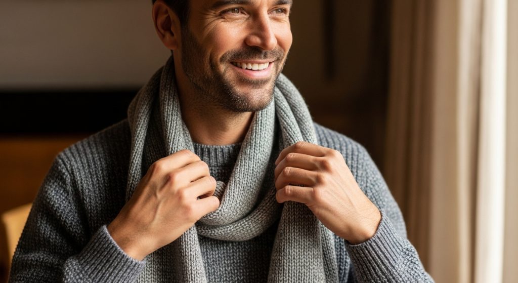 Man layering a light wool scarf over a casual sweater, natural light highlighting texture and folds.