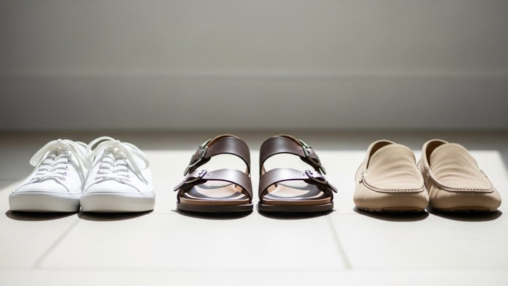 Men’s summer footwear—white sneakers, sandals, and loafers.