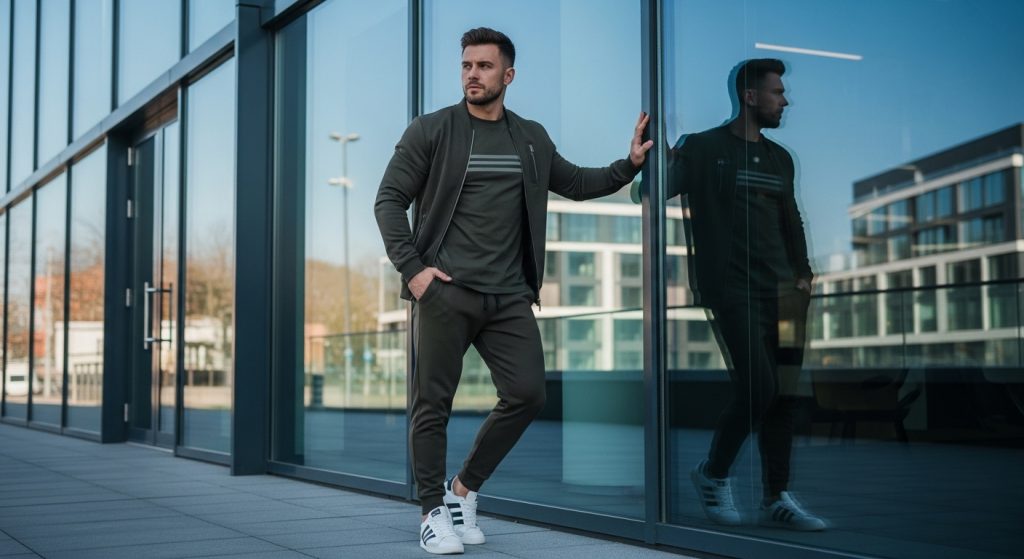 Man wearing matching athleisure set standing near a modern glass building.