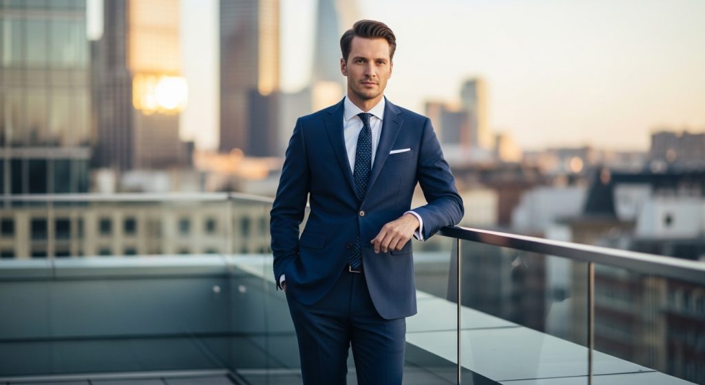 Man wearing navy single-breasted suit on terrace.