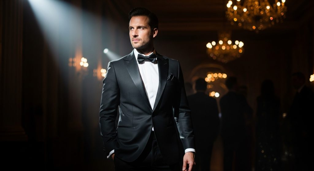 Man in black tuxedo at formal gala.