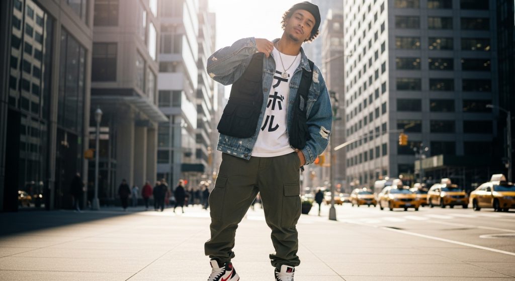 Full-body shot of a man styling different streetwear pieces in a bright urban environment.