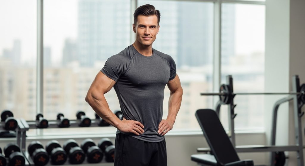 Athletic-built man posing in fitted gym wear inside a bright gym.
