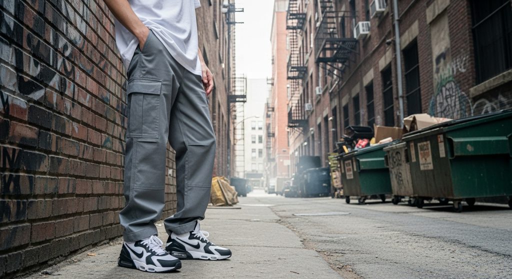 Model wearing relaxed-fit cargo pants and sneakers standing in an industrial city alley.