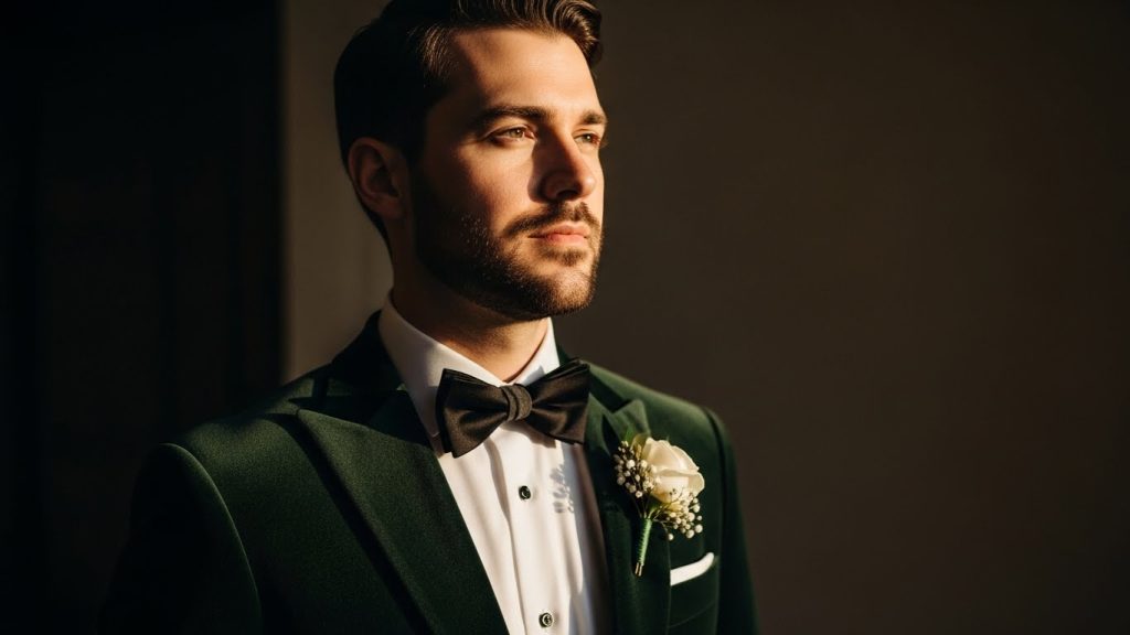 Luxury Black Tie Men’s Wedding Style: Timeless Groom Inspiration 6 Groom wearing green velvet dinner jacket outdoors at evening wedding.