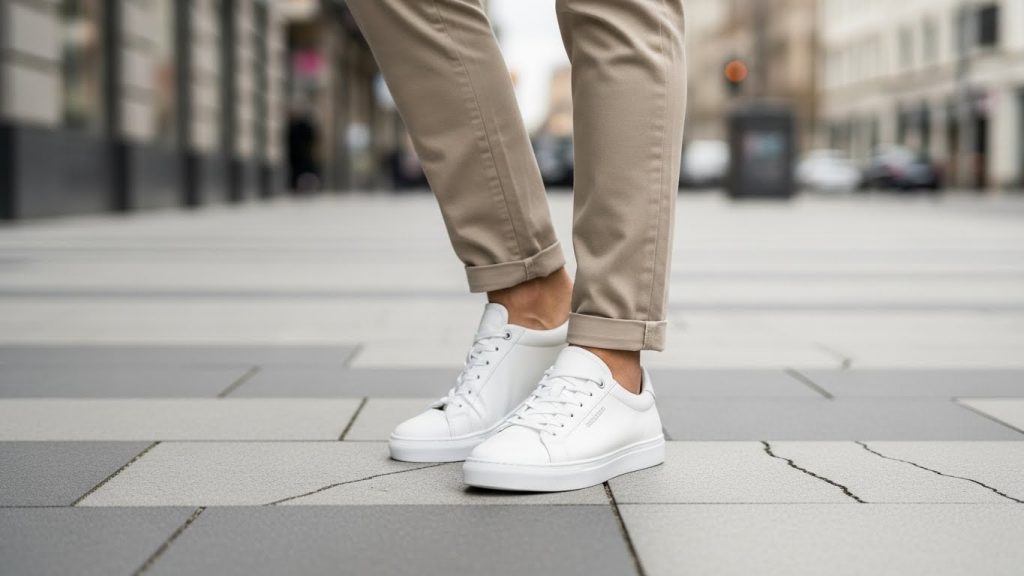 White minimalist sneakers paired with slim-fit beige chinos on city pavement.