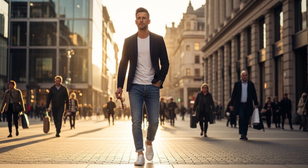 Man in blazer, white tee, jeans, and sneakers walking in a city center.
