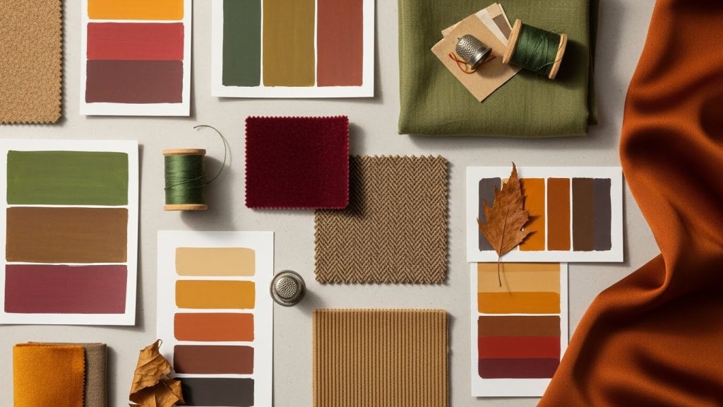 Full-body image of a stylish woman in a camel coat, turtleneck sweater, and slim trousers posing indoors near a warm Thanksgiving dining table setup.
