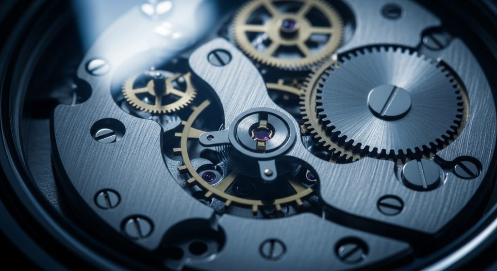 Macro shot of watch gears, sapphire crystal reflection, metallic details, cool-toned dramatic lighting