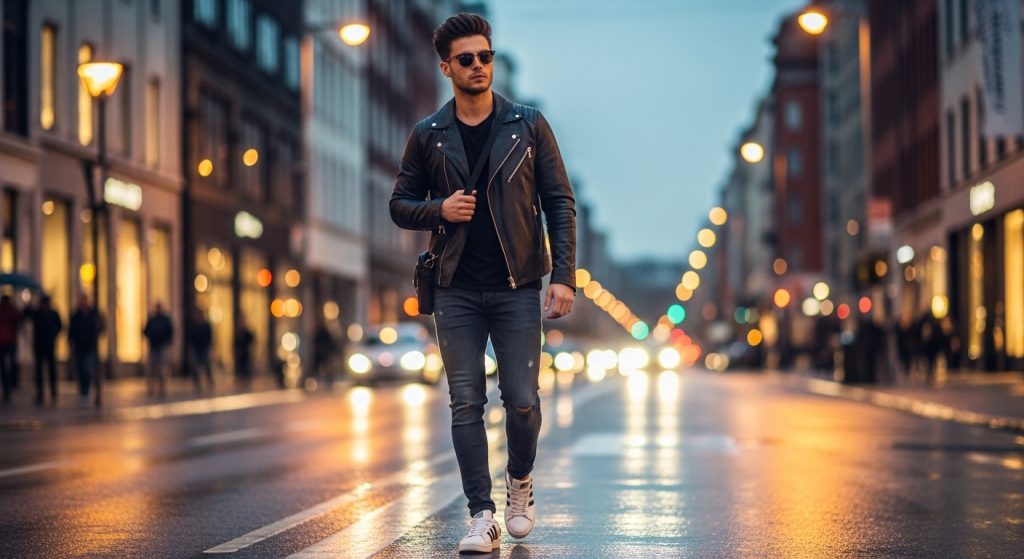 The Best Dressed Men in Hollywood: Get the Look Celebrity Style for Men 3 Man walking city street in leather jacket, jeans, and sneakers.