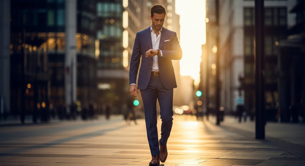 Man checking wristwatch while walking in city sunlight, wearing stylish outfit.