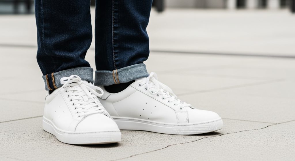 Clean white sneakers styled with jeans on a city pavement.