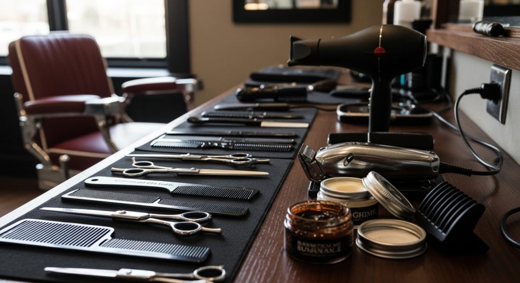 High-definition photo of a barber’s workstation including scissors, clippers, combs, pomade, wax, and a blow dryer in natural light