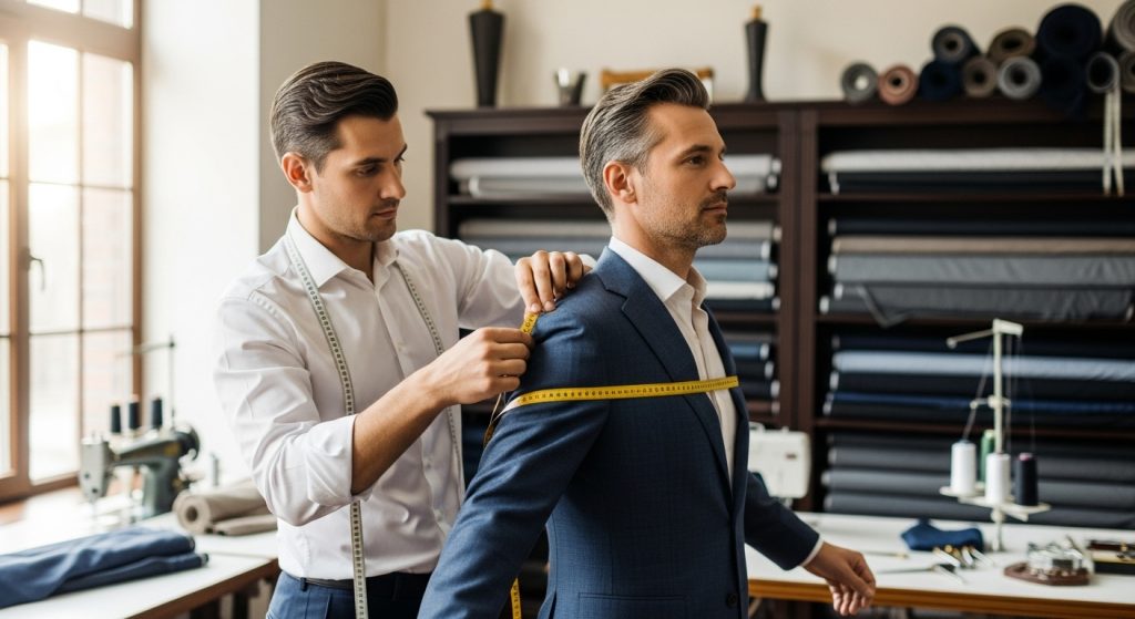 Tailor measuring a man for a bespoke fitted suit, professional atelier background.