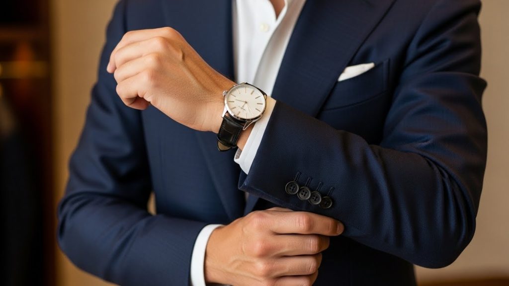Close-up of man adjusting tailored blazer sleeve showing clean fit.