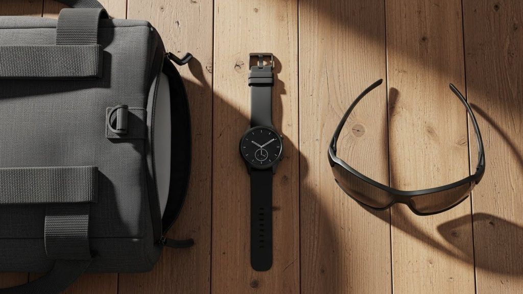 How to Stay Fit and Stylish: The Ultimate Fashion Guide for Active Men 6 Flat lay of black smartwatch, gym bag, and performance sunglasses.