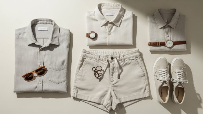 Minimalist summer outfit flat-lay with linen shirt, shorts, and sneakers.