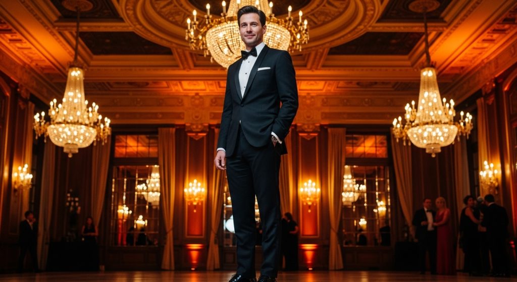 Man attending a formal gala in a black-tie tuxedo, elegant ballroom lighting, poised and stylish.