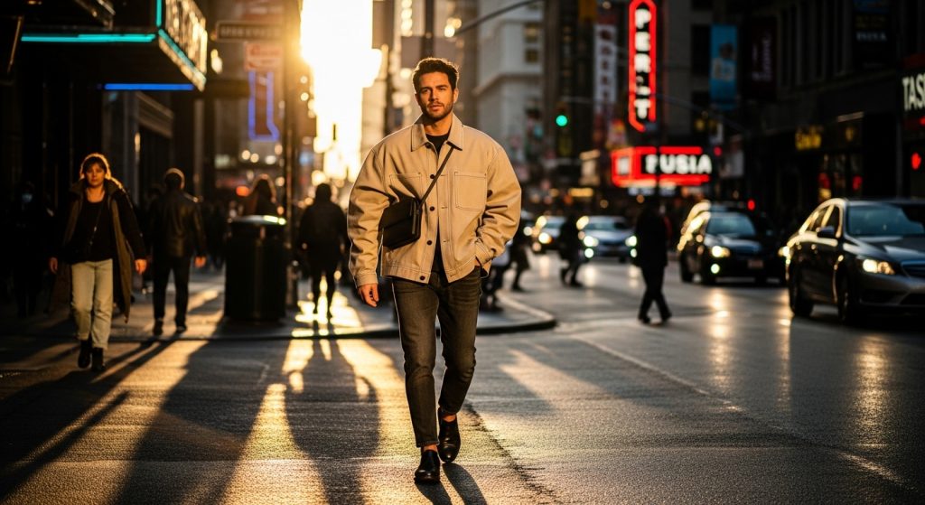 Man wearing beige oversized jacket with jeans in urban street