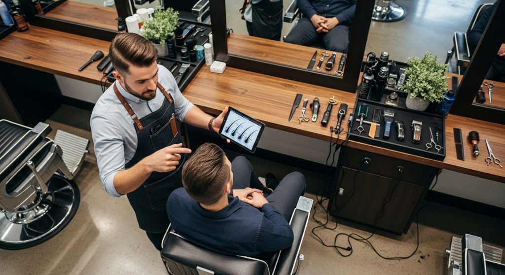 Barber analyzing a male client’s hair density and face shape in a modern salon with mirrors and styling tools