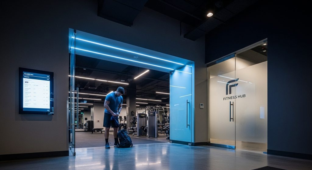 Man standing at a gym entrance adjusting his gear with modern lighting.