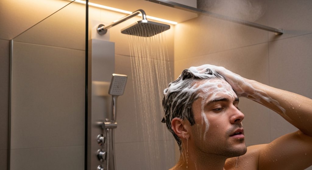 Man washing hair with volumizing shampoo in a modern bathroom, lather visible, preparing for pompadour styling.