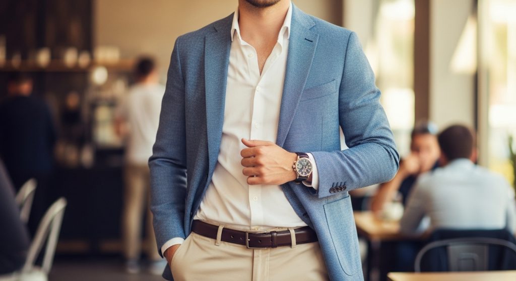 Man wearing leather watch and belt paired with blazer and chinos, subtle luxury look