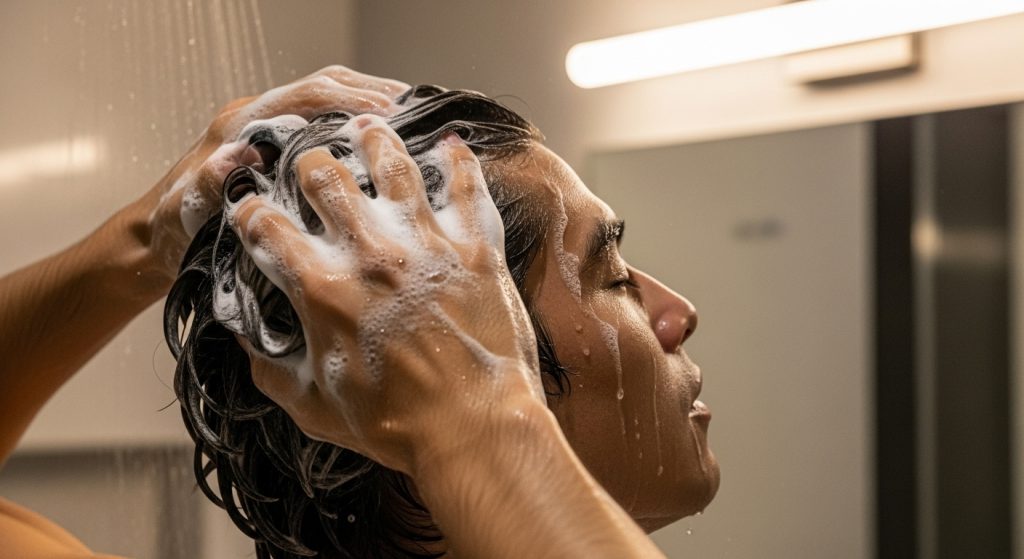 Man washing his hair with high-quality shampoo in a modern bathroom, lather and hair texture visible.