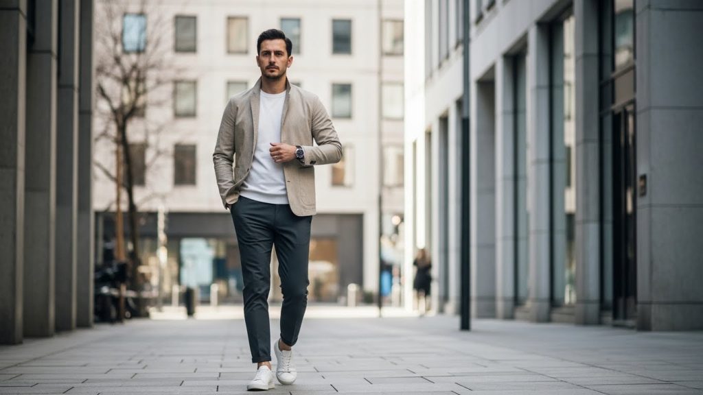 Man walking in urban street wearing beige jacket, white tee, and slim trousers.