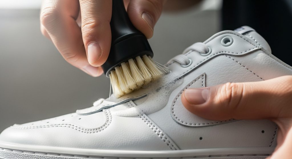 Urban Fashion: How to Style Sneakers Like a Pro | Street Style Tips 7 Close-up of hands cleaning white sneakers with soft brush, natural daylight.