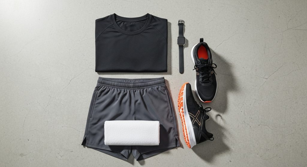 Flat lay of men’s gym outfit including shorts, top, shoes, smartwatch, and towel.