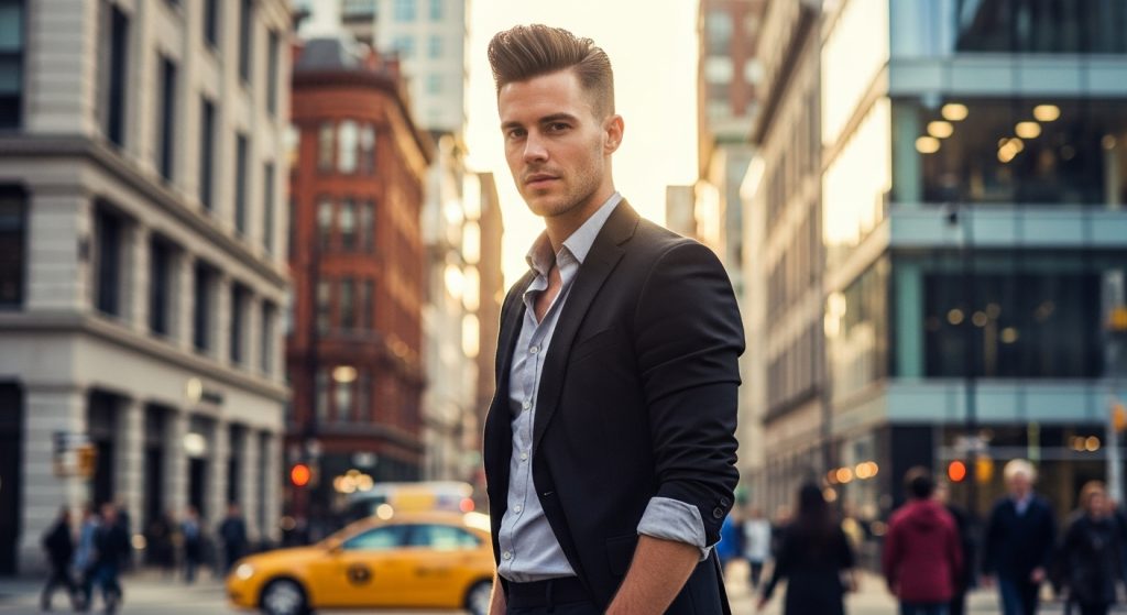 Man wearing fade pompadour with smart-casual clothing, urban background, sunlight emphasizing hair texture.
