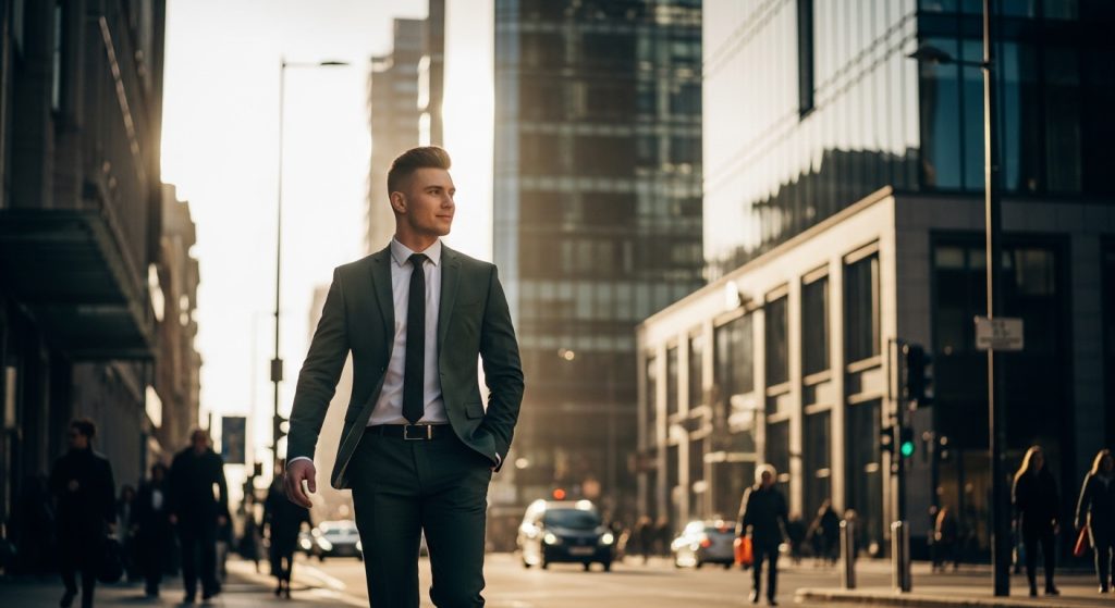Young man in slim-fit green suit on city street.