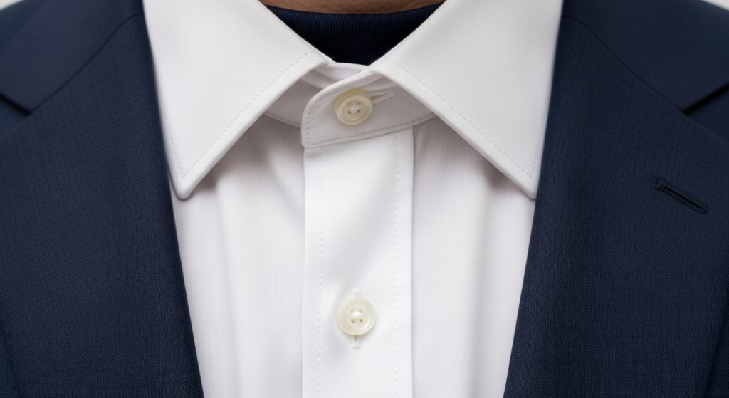 Crisp white dress shirt under a navy suit jacket, collar perfectly aligned.