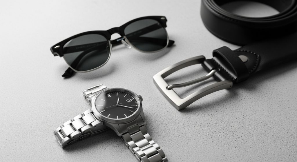 Close-up of men’s accessories: watch, belt, sunglasses, minimalist layout.