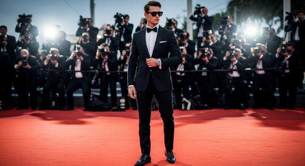 The Best Dressed Men in Hollywood: Get the Look Celebrity Style for Men 1 Man on Hollywood red carpet in tailored tuxedo, sunglasses, and polished shoes.