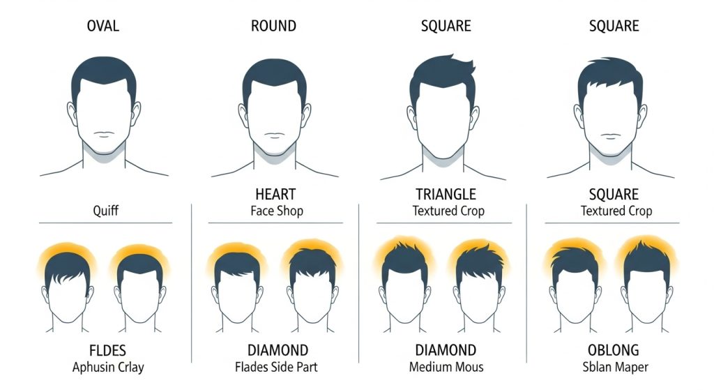 Infographic showing male face shapes with recommended hairstyles for oval, round, square, and heart-shaped faces.