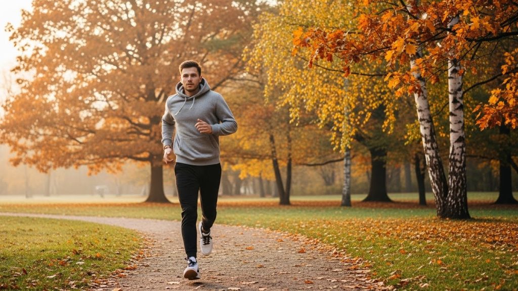 How to Stay Fit and Stylish: The Ultimate Fashion Guide for Active Men 7 Man running in autumn park wearing grey hoodie and black joggers.