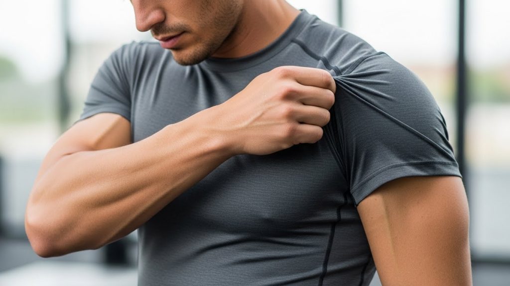 How to Stay Fit and Stylish: The Ultimate Fashion Guide for Active Men 4 Close-up of slim-fit athletic tee showing chest and shoulder fit.