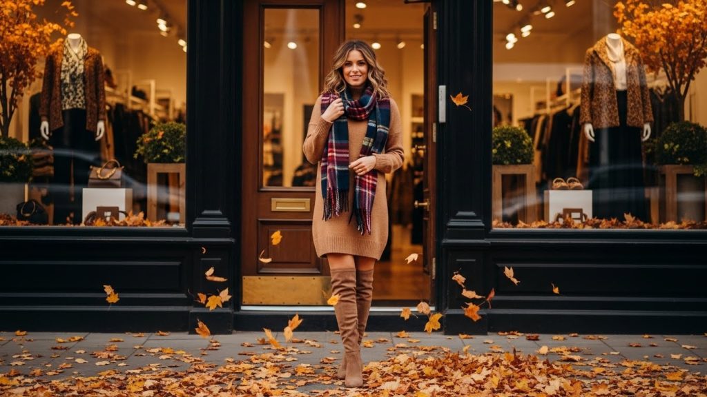 Thanksgiving Outfits Women Cute Cozy and Trendy 2025 3 Full-body image of a fashionable woman in a plaid shacket, knit top, jeans, and ankle boots standing on an urban fall street with leaves around her.