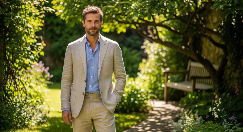 Man in beige linen suit in garden.