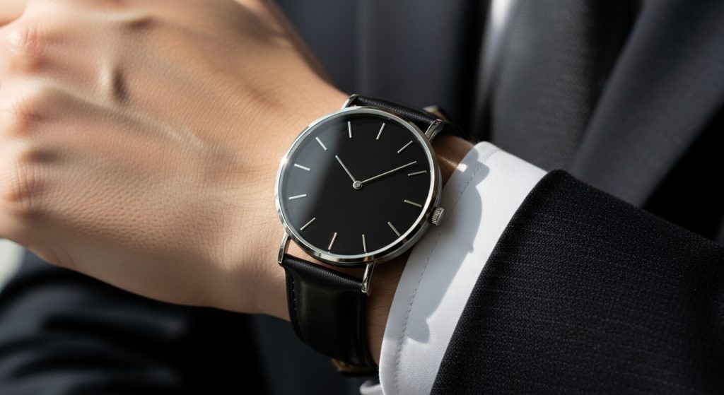 Sleek minimalist men’s watch on a wrist, clean dial, slim case, formal outfit.