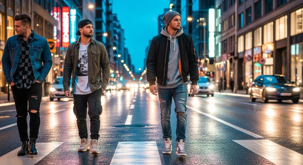 Young men walking through a modern city street wearing layered streetwear outfits in soft cinematic lighting.