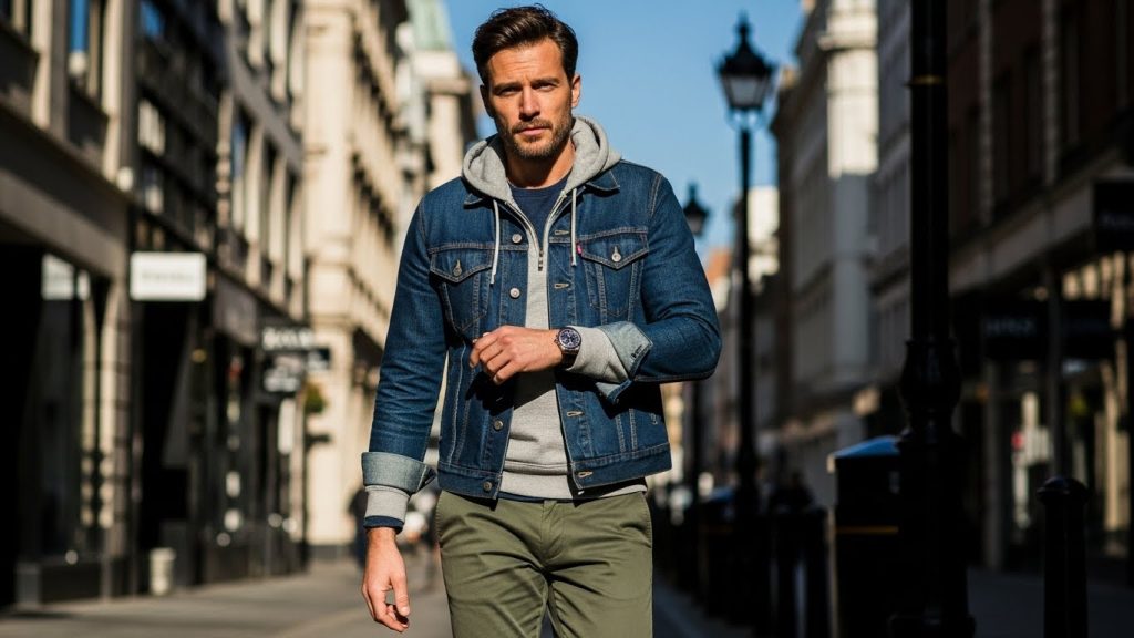 Must-Have Jackets for Men This Fall: Style and Warmth Combined 6 Dark denim jacket layered over hoodie.