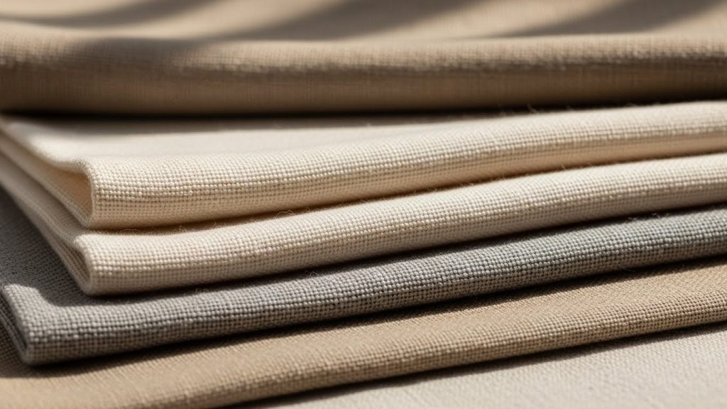 Close-up of linen and cotton fabrics in natural sunlight.