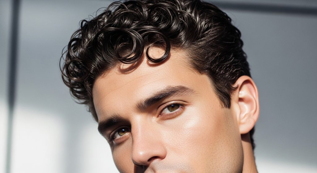 Close-up of a man with defined natural curls, lightly styled, in bright studio lighting emphasizing texture.